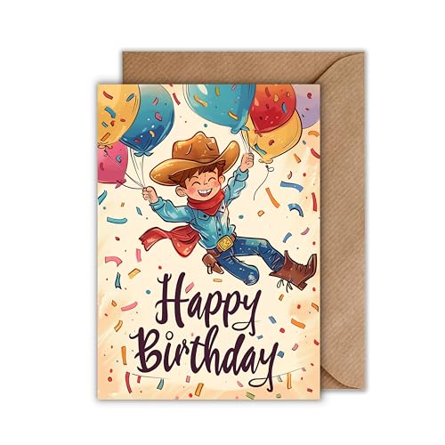 WBdesignz Geburtstag Karte mit Umschlag - Coole Cowboy Geburtstagskarte Junge “Happy Birthday Luftballon Kinder Glückwunschkarte zum Geburtstag (DIN A6) von WBdesignz