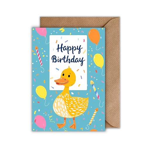 WBdesignz Geburtstag Karte mit Umschlag - Süße Kinder Geburtstagskarte Ente “Happy Birthday Ente Blau für Jungen Mädchen (DIN A6) von WBdesignz