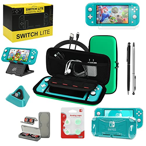 Switch Lite Zubehör-Set, mit Tragetasche, TPU-Schutzhülle mit Displayschutzfolie, Ladestation, Playstand, Spielkartenetui, USB-Kabel, Eingabestift, Daumengriffkappen für Nintendo Switch Lite (grün) von WDZREE