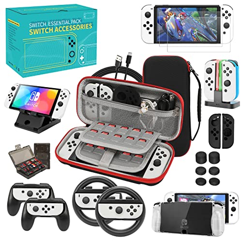 Switch OLED Zubehör-Set mit Tragetasche, TPU-Abdeckung, Displayschutzfolie, Ladestation, Silikon-Haut, Playstand, USB-Kabel, Spielhülle, Griff und Lenkrad und Kappen für Nintendo Switch OLED von WDZREE