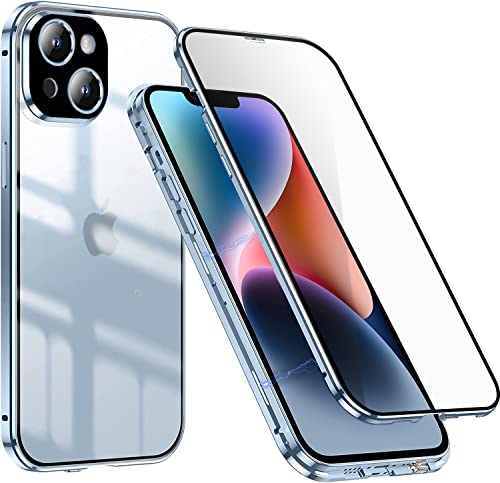 Clear Magnetisch für iPhone 14 Plus Hülle mit Vorne hinten Panzerglas, Magnetischer Beidseitg Metallrahmen Handyhülle mit Safetylock,360 Grad Full Cover Stoßfest Case Ultra Dünn Schutzhülle,Blau von WEYNRBOX