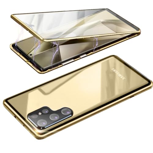 WEYNRBOX Hülle für Samsung Galaxy S24 Ultra,Magnetische Adsorption Handyhülle 360 Grad Schutz Case mit Doppelte Seiten Gehärtetes Glas,Starke Magnet Metall Flip Cover für Galaxy S 24 Ultra,Gold von WEYNRBOX