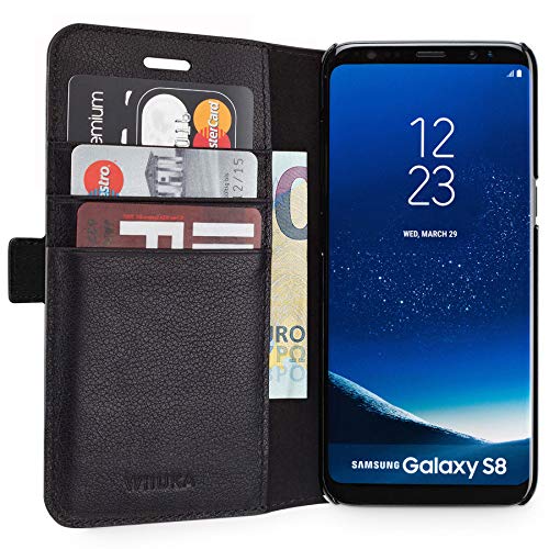 WIIUKA Echt Ledertasche - TRAVEL Away - für Samsung Galaxy S8 mit Vier Kartenfächern, extra Dünn, Tasche Schwarz, Premium Design, Leder Hülle kompatibel für Samsung Galaxy S8 von WIIUKA