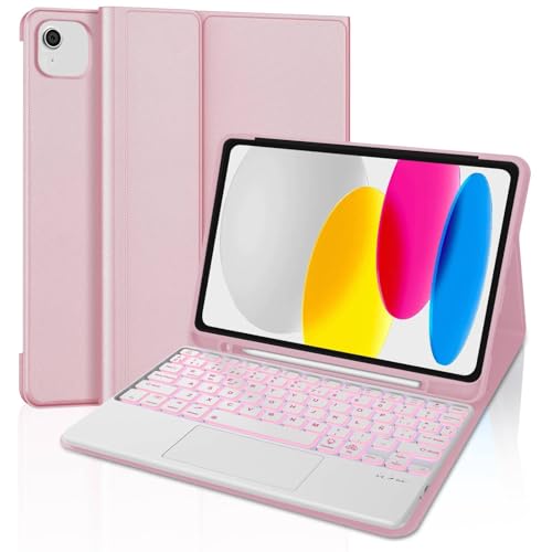 WINCHKING Hülle mit Tastatur 10 Generation 10,9 Zoll 2022, Multi Touch Trackpad, 7 Farben Beleuchtung, Magnetisch Abnehmbar Bluetooth Tastatur, QWERTZ Layout, Rosa von WINCHKING