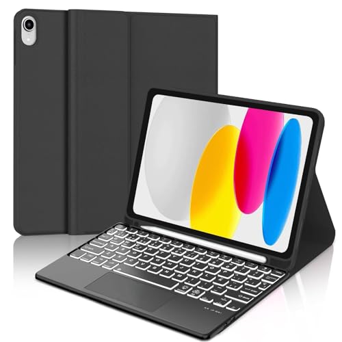 WINCHKING Hülle mit Tastatur 10 Generation 10,9 Zoll 2022, Multi Touch Trackpad, 7 Farben Beleuchtung, Magnetisch Abnehmbar Bluetooth Tastatur, QWERTZ Layout (Schwarz-Touchpad) von WINCHKING