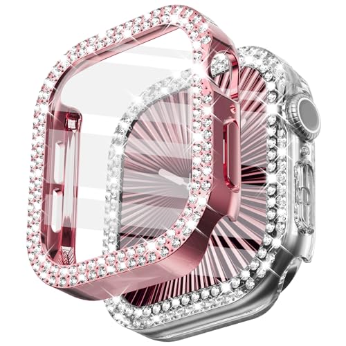 WINGLE 2 Pack Bling Hülle für Apple Watch Series 10 46mm Displayschutzfolie Hülle, Diamant Face Cover Apple Watch 10 46mm Kristall Strass iWatch Schutz Gehärtetes Glas Displayschutzfolie, Rosa/Klar von WINGLE