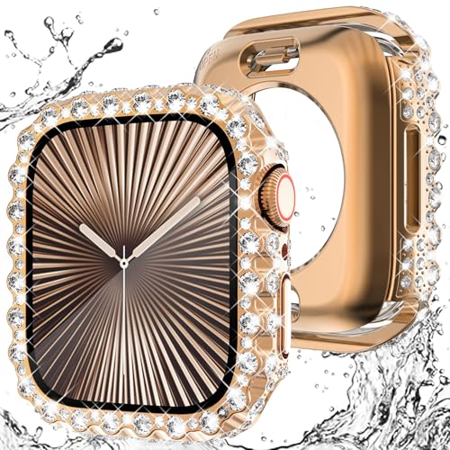 WINGLE 2 in 1 wasserdichte Hülle für Apple Watch Series 10 42mm Displayschutzfolie Hülle, Bling Lace Edge Diamond Face Cover Glitzer Strass Schutz Bumper für Apple Watch 10 Frauen, 42mm Roségold von WINGLE