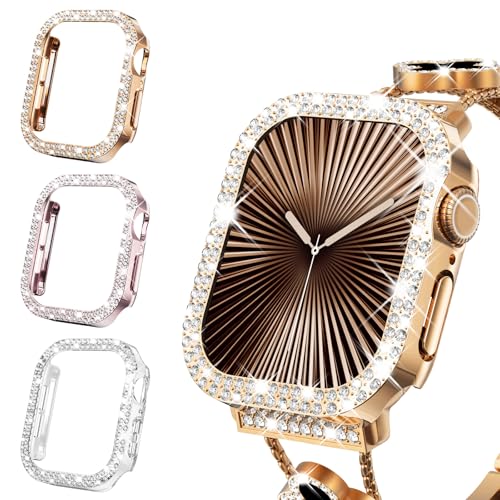 WINGLE 3er-Pack Damen-Glitzer-Hüllen, kompatibel mit Apple Watch Serie 10, 46 mm, glänzende Diamant-Schutzhülle, Rahmen ohne Schutzfolie für iWatch-Hülle Serie 10, 46 mm, Roségold/Rosa/Transparent von WINGLE