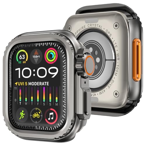 Wingle 3-in-1-Metallgehäuse, kompatibel mit Apple Watch Serie 6/5/4 SE/SE2, 44 mm Displayschutzfolie, robuster Stoßstangenschutz [verwandelt sich in Ultra 2/1 Upgrade] mit Uhrenkrone + von WINGLE