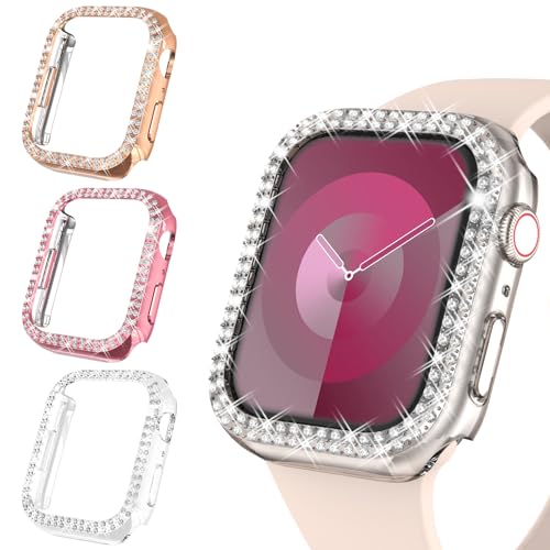 Wingle 3er-Pack glitzernde Damen-Schutzhüllen kompatibel mit Apple Watch 45 mm Serie 9 8 7, glänzende Diamant-Schutzhülle, Rahmen ohne Schutzfolie für iWatch Hülle 45 mm (Roségold, Rosa, Transparent) von WINGLE