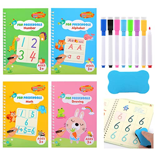 WINKIO Magisches Übungsheft, 4 Stück Wiederverwendbares Englisch Magische Handschrift Nachziehen + 8 Stifte + 1 Radierer - für Kinder Kalligraphie Lernbücher Zahlen,Zeichnung, Buchstaben von WINKIO