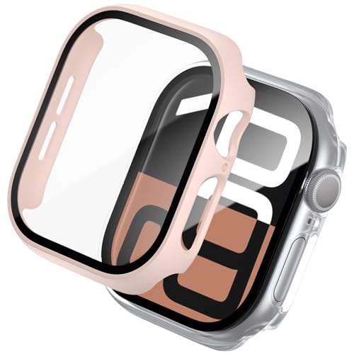 WISKII Schutzhülle kompatibel mit Apple Watch Serie 10, 46 mm, mit Displayschutzfolie, hartes Polycarbonat, ultradünn, stoßfest, für iWatch 46 mm Zubehör, Rosa/Transparent, 2 Stück von WISKII