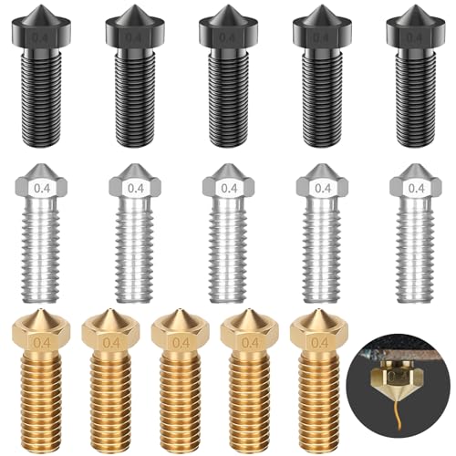 WIYETY 3D Drucker Düsen: 15 Stück Volcano Düsen, Volcano Nozzle Set, 5 Stück Gehärteter Stahl + 5 Stück Edelstahl + 5 Stück Messing, 1.75/0.4mm Nozzles Kit für Anycubic Vyper (Schwarz, Gold, Silber) von WIYETY