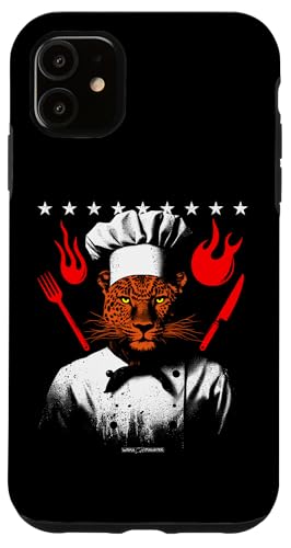 Hülle für iPhone 11 Ein cooler Leoparden-Koch mit Flammen, einer Gabel und einem Messer von WOAH MANATEE