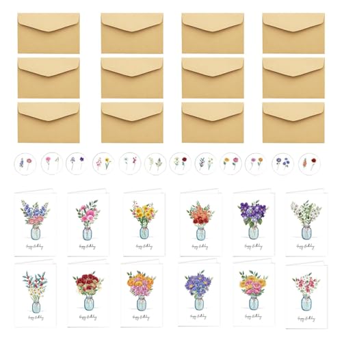 WOGXN Blumen-Notizkarten, Blumen-Segenskarte | Set mit 12 leeren Grußkarten mit Blumen,Elegante Segenskarten, schöne Dankeskarten mit Umschlägen und Aufklebern zur Übermittlung guter Wünsche von WOGXN