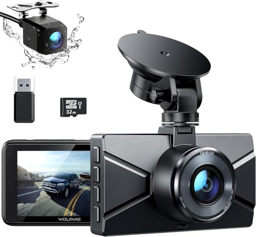 WOLFANG Dashcam Auto Vorne Hinten 2,5K+1080P Auto Kamera, Ultra Nachtsicht,170°Weitwinkel,WDR,24 Std. Parkmodus, G-Sensor, Loop-Aufnahme, Innen mit 32GB SD-Karte von WOLFANG