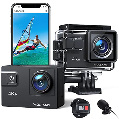 WOLFANG GA300 Action Cam 4K 60FPS 24MP Unterwasserkamera WiFi 40M wasserdichte 2.0 EIS Bildstabilisator Touchscreen Helmkamera 8X Zoom (Externes Mikrofon, 2x1350mAh Akkus und Zubehör Kit) von WOLFANG