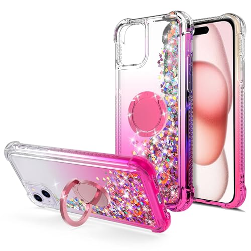 WORLDMOM Schutzhülle für iPhone 15, glitzernde Flüssigkeit, schwimmend, bunt, Glitzer, Wasserfall, TPU-Schutzhülle mit Rotationsring, Ständer für iPhone 15 [6,1 Zoll 2023], Pink, MZB-X1950-01 von WORLDMOM