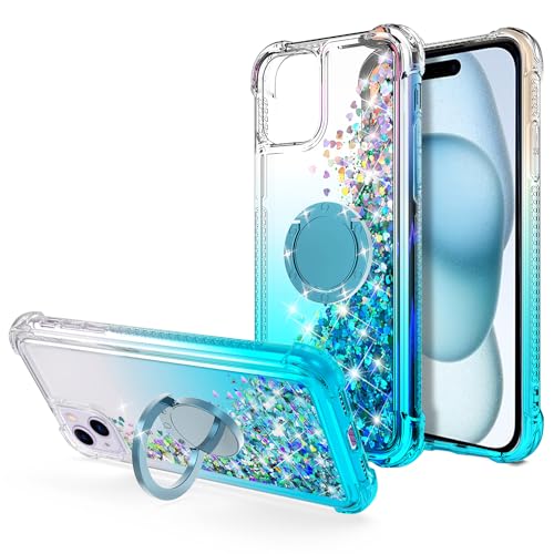 WORLDMOM iPhone 15 Case, Glitter Liquid Floating Colorful Glitter Waterfall TPU Case with Rotating Ring Kickstand for iPhone 15 [6.1 inch 2023] Blue von WORLDMOM