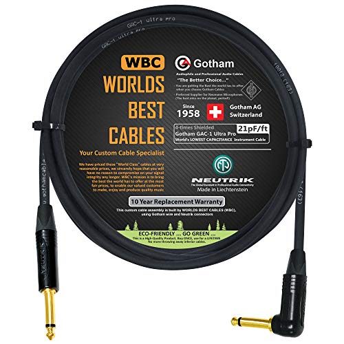 Gotham GAC-1 Ultra Pro Gitarren- / Bass-Instrumentenkabel mit geringer Kapazität (21 pf/ft), mit geraden auf abgewinkelten 6,35 mm Neutrik vergoldeten TS-Steckern, 1,5 m von WORLDS BEST CABLES