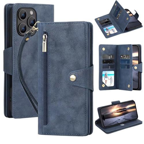 WOWUDI Hülle für Xiaomi Poco X5,Premium PU Leder Handyhülle mit 9 Kartenfach und Trageband,Reißverschluss Brieftasche Ständer Magnetverschluss Pen Hole Handyhülle- Blau von WOWUDI