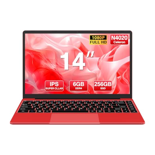 WOZIFAN Laptop 14 Zoll Computer Win11 256GB Notebook Unterstützungserweiterung 1TBSSD 1080 FHD 2.4G+5G WiFi Bluetooth HDMI Kabelloser Maus und Deutscher Tastatur Aufkleber-Rot von WOZIFAN