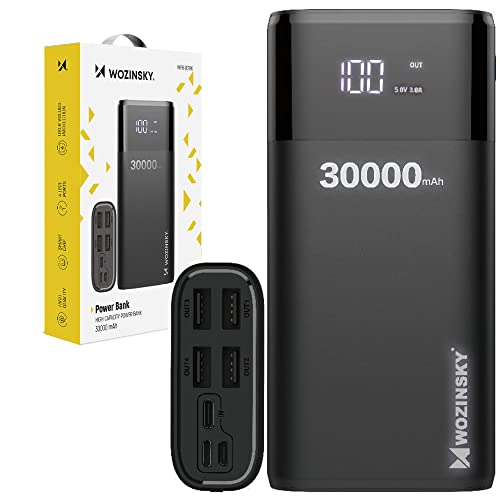 WOZINSKY Powerbank Power Bank 4X USB 30000 mAh mit LCD-Display 4A externer Akku Tragbares Ladegerät kompatibel mit Smartphone, Tablets mit iPhone Huawei Samsung Xiaomi Oppo (Black) von WOZINSKY