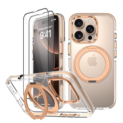 WPCase Desert Titanium transparente Schutzhülle für iPhone 16 Pro, mit Ständer und 2 x Displayschutzfolien, kompatibel mit MagSafe, magnetische Handyhülle in Militärqualität, mit Ring, für Damen und von WPCase