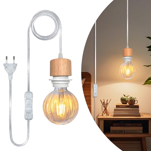 Pendelleuchte mit Stecker 5M Transparent Kabel Vintage Hängelampe mit Stecker E27 Lampenfassung mit Schalter Industrielle Retro Pendellampe mit Schalter Plug in Pendelleuchte Kit(Keine Glühbirne) von WPQIUZS