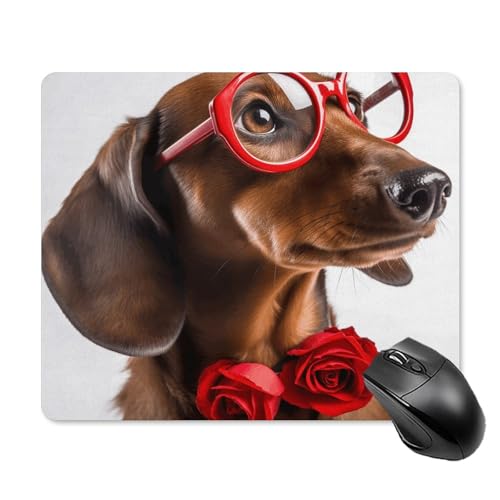 Quadratisches Mauspad mit rutschfester Gummiunterseite, Gaming-Mauspad, Hund, mit Rose, wasserdicht, personalisierbar, waschbar, Computer-Mauspads für Laptop, Büro, Arbeit, 22 x 18 cm von WSOIHFEC