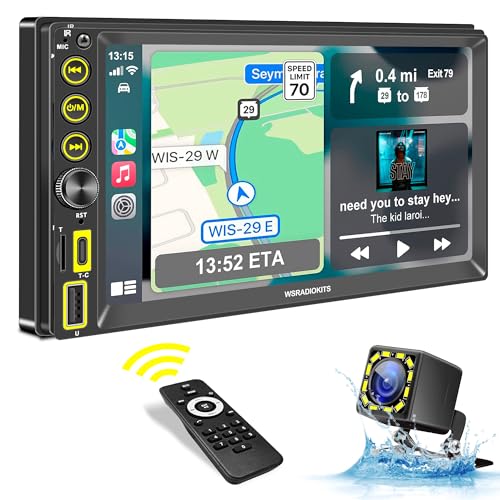 WSRADIOKITS 7-Zoll Digital Media-Receiver, Doppel Din Radio mit Bildschirm,CarPlay&Android Auto,Mirror Link,12 Lights Wasserdicht Rückfahrkamera,FM/AM/Phone GPS Navi,Schnell-Ladung,SWC,Autoradio 2 din von WSRADIOKITS