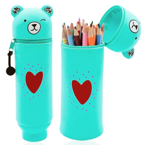 Federmäppchen Stiftbehälter Kawaii Federmäppchen 2 in 1 aus Weichem Cartoon Stifteetui Silikon Teleskopisch Mäppchen Niedlicher Liebesbär für Kinder Schule Home Office Supplies von WVFHVISL