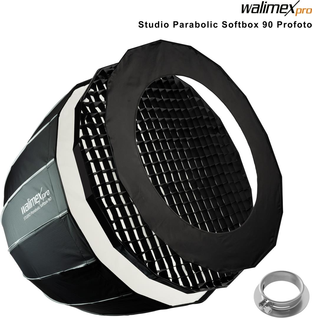 Walimex pro Studio Parabolic Softbox 90cm + Softboxadapter für Profoto (Außendurchmesser: 15,2 cm), um 360° drehbar, inkl. Grid, Maske, Bowens Adapter und Transporttasche (1023485) von Walimex