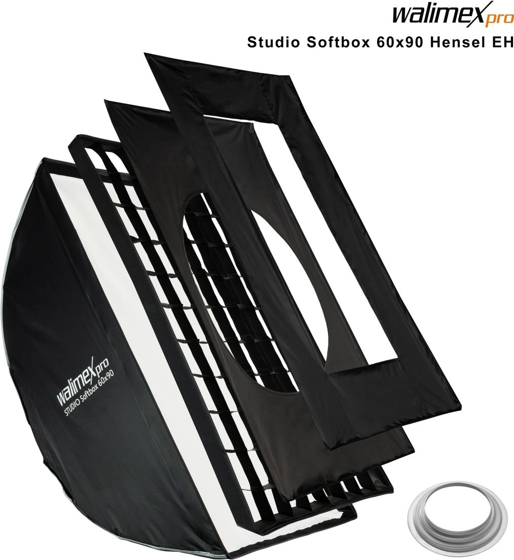 Walimex pro Studio Softbox 60x90cm + Softboxadapter für Hensel Expert, um 360° drehbar, einfacher Aufbau Dank Schirmfunktion, inkl. Grid, Masken, Bowens Adapter und Transporttasche (1023501) von Walimex