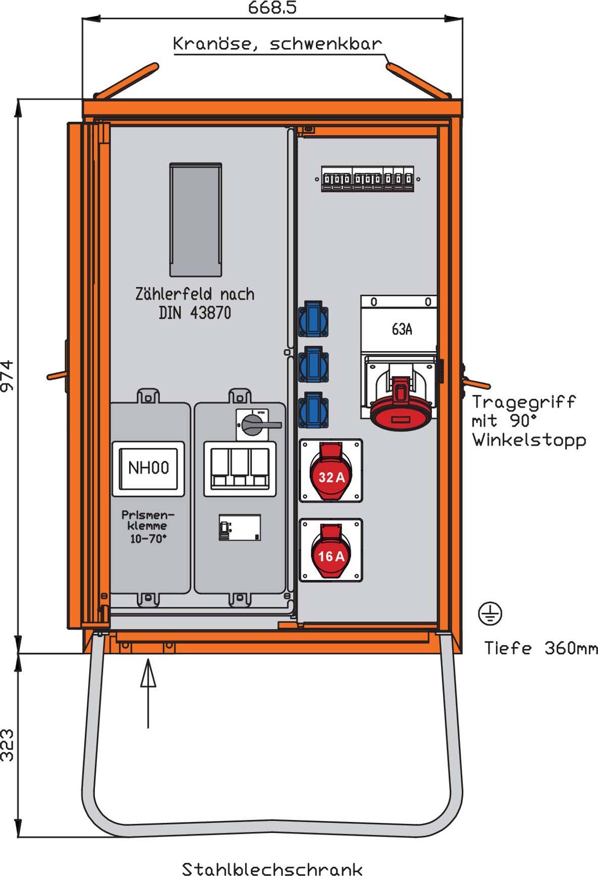 Walther Anschl.vert.schrank WAV0160BR1 44kVA Zählerpl.RCD Typ B 5 LS 3 CEE-Abg von Walther-Werke