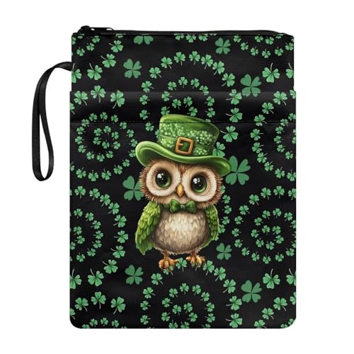 Wanyint Buchhülle, waschbar, Buchschutz mit Reißverschluss und Vordertasche, 29,4 x 21,6 cm, für Bücherwurm-Bibliothekarin für St. Patrick's Day, Eule, Kleeblatt von Wanyint