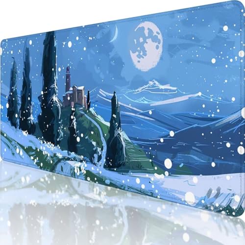 Blau Mauspad XXL 900x400 mm, Erweiterte Groß Mousepad Schneeszene, Wasserfest Schreibtischunterlage Vernähte Kanten Design, Mouse Pad mit rutschfeste Gummibasis für Pc Büro Deko, Geschenk Frau 4-2 von Wanziho