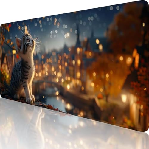 Grau Mauspad XXL 600 x 300mm, Erweiterte Groß Mousepad Katze, Wasserfest Schreibtischunterlage Vernähte Kanten Design, Mouse Pad mit rutschfeste Gummibasis für Pc Büro Deko, Geschenke für Frauen l-E von Wanziho