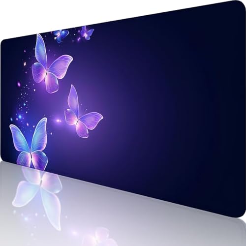 Lila Mauspad XXL 800 x 300mm, Erweiterte Groß Mousepad Schmetterling, Wasserfest Schreibtischunterlage Vernähte Kanten Design, Mouse Pad mit rutschfeste Gummibasis für Pc Büro Deko, Geschenke y-D von Wanziho