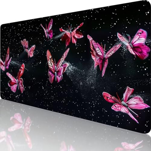 Rosa Mauspad XXL 700 x 300, Erweiterte Groß Mousepad Schmetterling, Wasserfest Schreibtischunterlage Vernähte Kanten Design, Mouse Pad mit rutschfeste Gummibasis für Pc Büro Deko, Geschenke 1-7 von Wanziho