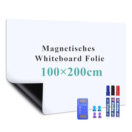 Warasee Whiteboard Magnetisch Folie, 100 * 200cm Magnettafel Selbstklebend, Magnetfolie Weiß Abwischbare, a3/a4 Leicht Zugeschnitten, für Startseite Schule, mit Markers & Whiteboard Schwamm & Magnetes von Warasee