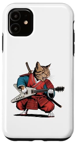 Hülle für iPhone 11 Japan Kawaii Katze Samurai spielt Gitarre Rock Star Rock Roll von Warrior Vintage Japanese Samurai Cat tshirt