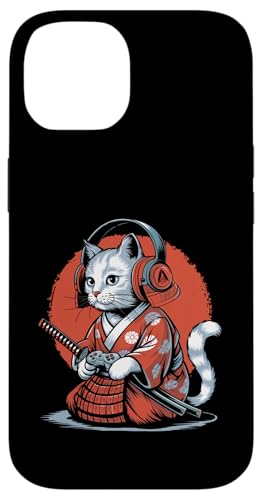 Hülle für iPhone 14 Japan Kawaii Katze Samurai Kopfhörer Videospiel-Controller von Warrior Vintage Japanese Samurai Cat tshirt