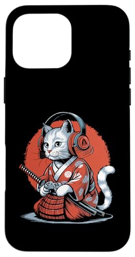 Hülle für iPhone 16 Pro Max Japan Kawaii Katze Samurai Kopfhörer Videospiel-Controller von Warrior Vintage Japanese Samurai Cat tshirt