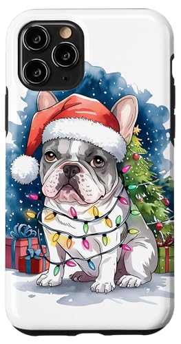 Hülle für iPhone 11 Pro Französische Bulldogge Weihnachtsmannmütze Weihnachtsbeleuchtung Baum Winter Schnee von Watercolor Xmas Frenchie Festive Dog Lovers