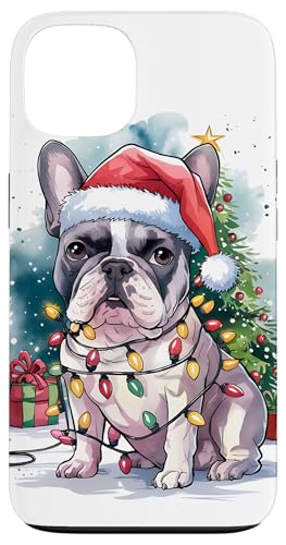 Hülle für iPhone 13 Französische Bulldogge Weihnachtsmannmütze Weihnachtsbeleuchtung Baum Winter Schnee von Watercolor Xmas Frenchie Festive Dog Lovers