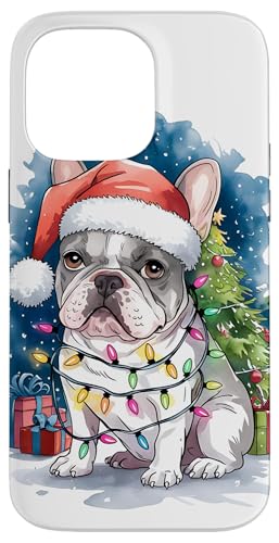 Hülle für iPhone 14 Pro Max Französische Bulldogge Weihnachtsmannmütze Weihnachtsbeleuchtung Baum Winter Schnee von Watercolor Xmas Frenchie Festive Dog Lovers