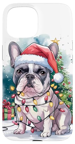 Hülle für iPhone 15 Französische Bulldogge Weihnachtsmannmütze Weihnachtsbeleuchtung Baum Winter Schnee von Watercolor Xmas Frenchie Festive Dog Lovers