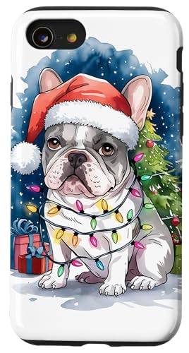 Hülle für iPhone SE (2020) / 7 / 8 Französische Bulldogge Weihnachtsmannmütze Weihnachtsbeleuchtung Baum Winter Schnee von Watercolor Xmas Frenchie Festive Dog Lovers