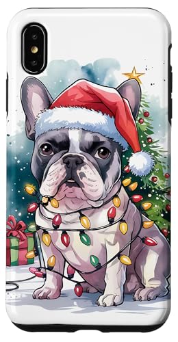 Hülle für iPhone XS Max Französische Bulldogge Weihnachtsmannmütze Weihnachtsbeleuchtung Baum Winter Schnee von Watercolor Xmas Frenchie Festive Dog Lovers